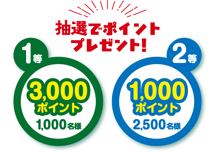 抽選でポイントプレゼント！ 1等 3,000ポイント 1,000名様／2等 1,000ポイント 2,500名様